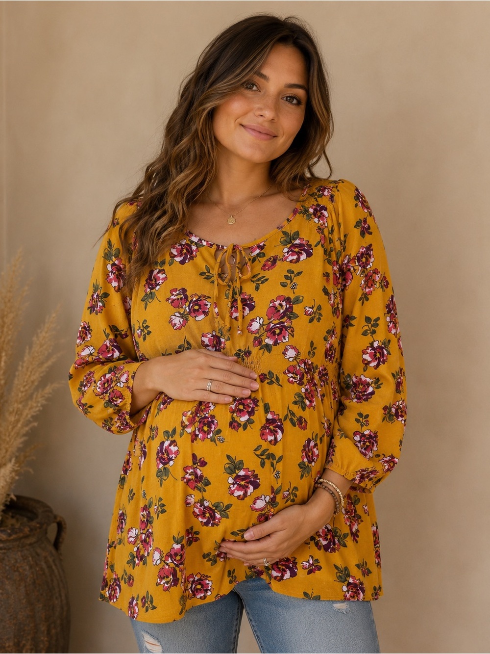 Glow Maternity Medium Mustard Floral Boho Tie Neck Tunic Blouse Top